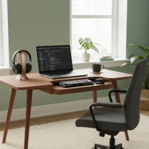 Een moderne remote development setup met een krachtige laptop voor softwareontwikkeling vanuit huis.