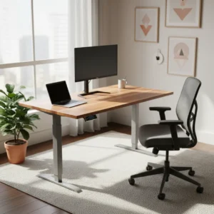 Een modern FEZiBO elektrisch zit-sta bureau met een laptop en monitor in een sfeervol thuiskantoor.