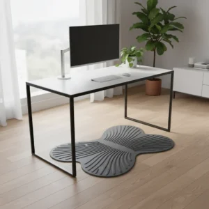Een ergonomische Butterfly sta-mat onder een zit-sta bureau in een modern thuiskantoor voor dynamisch staan.