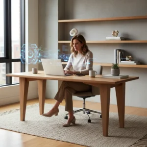 Een moderne, ergonomische thuiswerkplek waar een professional efficiënt werkt dankzij de slimme automatisering van ChatGPT Pro.