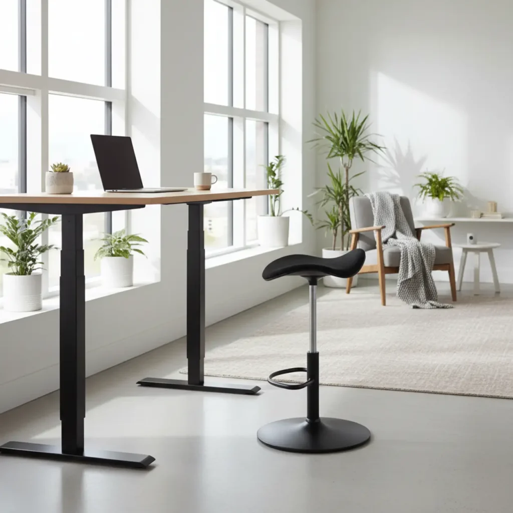 Een moderne, ergonomische Aeris Muvman balanskruk in een stijlvol thuiskantoor bij een zit-sta bureau.