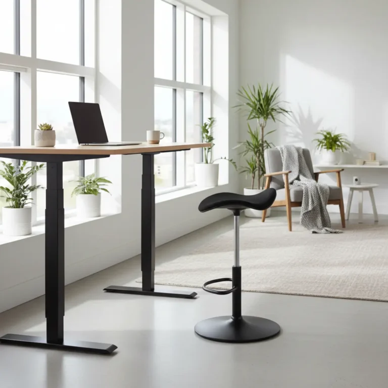 Een moderne, ergonomische Aeris Muvman balanskruk in een stijlvol thuiskantoor bij een zit-sta bureau.
