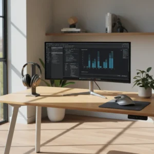 Een moderne en ergonomische thuiswerkplek ingericht met de beste tech deals tijdens de lente uitverkoop.