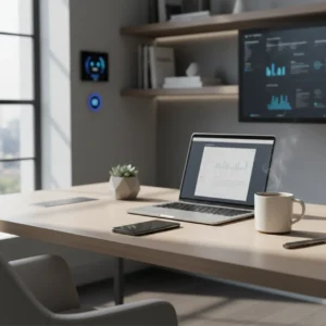 Een opgeruimd bureau met een smartphone ter illustratie van slimme iPhone automatiseringen voor thuiswerkers.