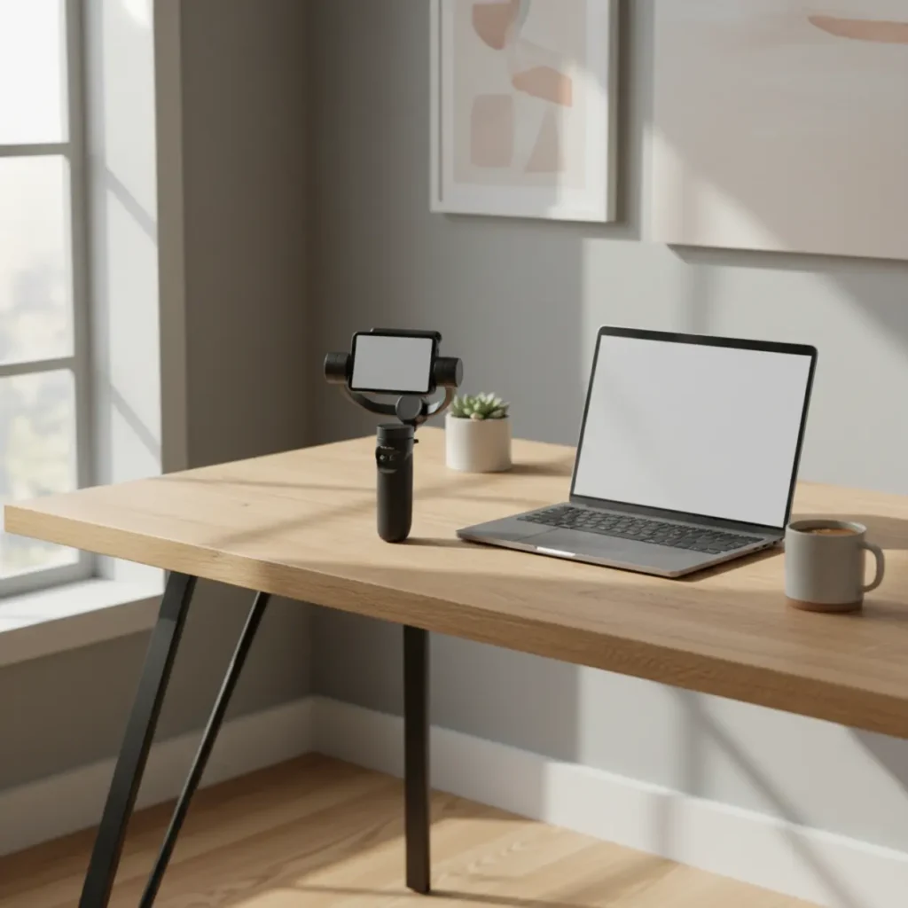 De compacte DJI Osmo Pocket 4 camera op een modern bureau, ideaal voor professioneel thuiswerken.