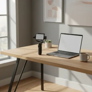 De compacte DJI Osmo Pocket 4 camera op een modern bureau, ideaal voor professioneel thuiswerken.