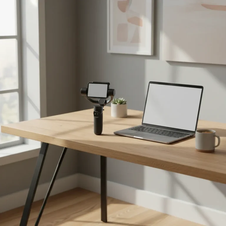 De compacte DJI Osmo Pocket 4 camera op een modern bureau, ideaal voor professioneel thuiswerken.