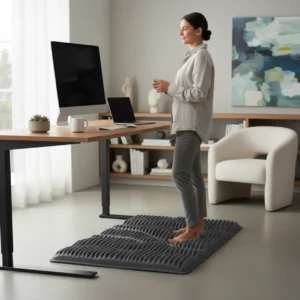 Een dikke, comfortabele anti-vermoeidheidsmat onder een sta-bureau in een modern thuiskantoor.