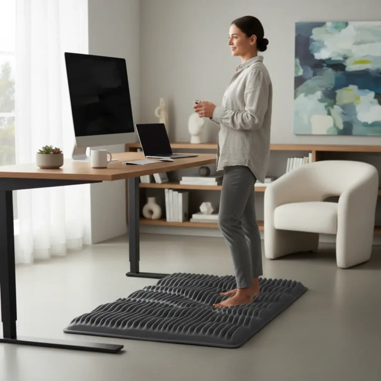 Een dikke, comfortabele anti-vermoeidheidsmat onder een sta-bureau in een modern thuiskantoor.
