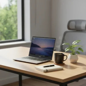 Een moderne en productieve thuiswerkplek met de beste Asus laptop voor thuiswerken op een houten bureau.