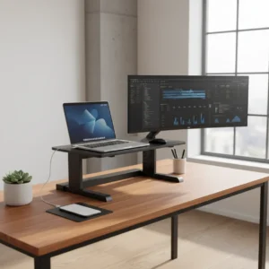 Een modern en opgeruimd thuiskantoor met de Flexispot EM6M elektrische bureauverhoger in de staande positie.