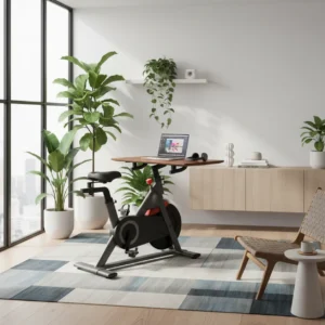 Een overzicht van de FitDesk 2.0 bureaufiets opgesteld in een moderne en actieve thuiswerkplek.