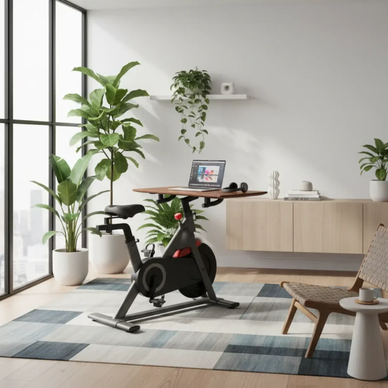 Een overzicht van de FitDesk 2.0 bureaufiets opgesteld in een moderne en actieve thuiswerkplek.