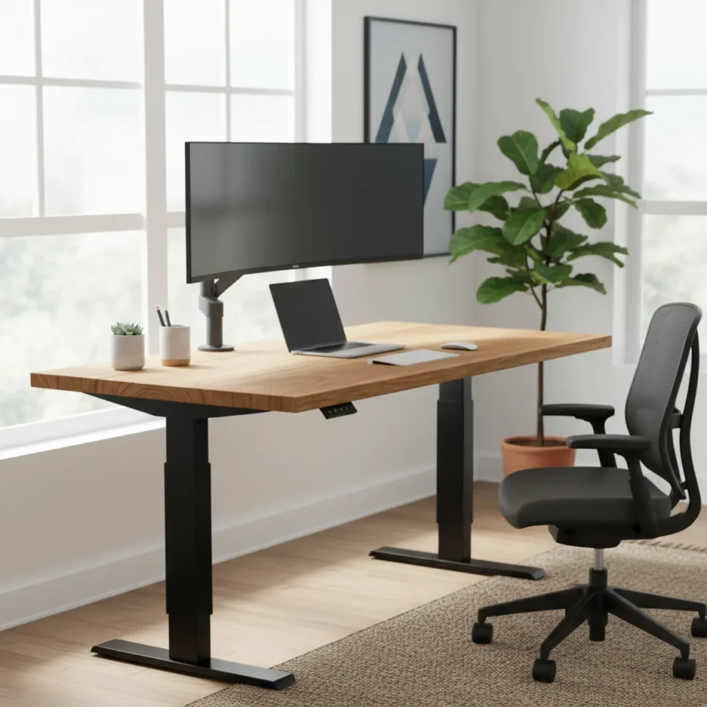 Een zelfgebouwd elektrisch zit-sta bureau met een massief houten blad en een stevig metalen frame in een thuiswerkplek.