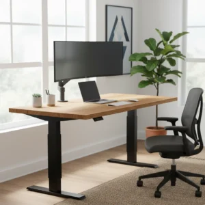 Een zelfgebouwd elektrisch zit-sta bureau met een massief houten blad en een stevig metalen frame in een thuiswerkplek.
