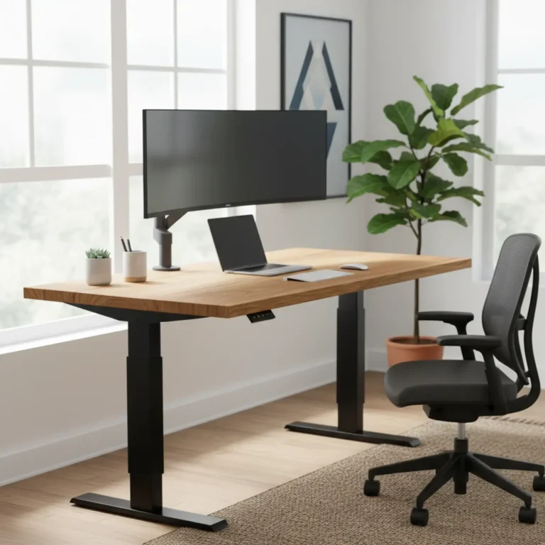 Een zelfgebouwd elektrisch zit-sta bureau met een massief houten blad en een stevig metalen frame in een thuiswerkplek.