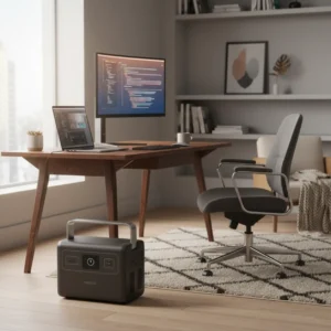 Een moderne draagbare power station naast een bureau in een thuiskantoor als betrouwbare back-up bij stroomuitval.