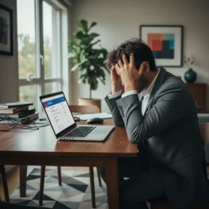 Een thuiswerkende professional bekijkt aandachtig een digitale factuur op de laptop om factuurfraude bij thuiswerken te voorkomen.