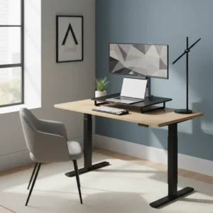 Een compacte bureauverhoger is de ideale oplossing voor een ergonomische zit-sta werkplek in een kleine ruimte.