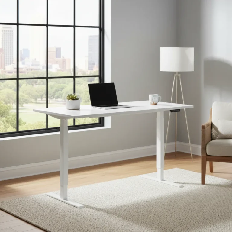 Een stijlvol ingericht pneumatisch zit-sta bureau in een moderne en lichte thuiswerkplek.