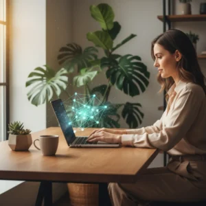 Een professional werkt veilig met AI-tools in een modern thuiskantoor volgens de richtlijnen van de nieuwe Europese AI-wet.