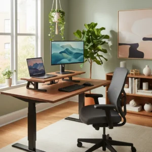 Een moderne thuiswerkplek met een budget sta-bureau verhoger op het bureau.