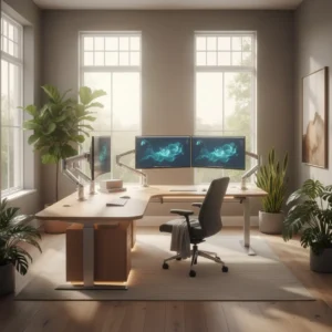 Een modern u vormig zit sta bureau in een sfeervol ingericht thuiskantoor met meerdere beeldschermen.