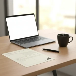Een overtuigende zakelijke brief schrijven op een opgeruimd bureau in een modern thuiskantoor.