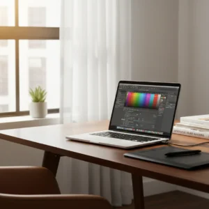 Een moderne en ergonomische thuiswerkplek met een van de beste laptops voor Photoshop en beeldbewerking.
