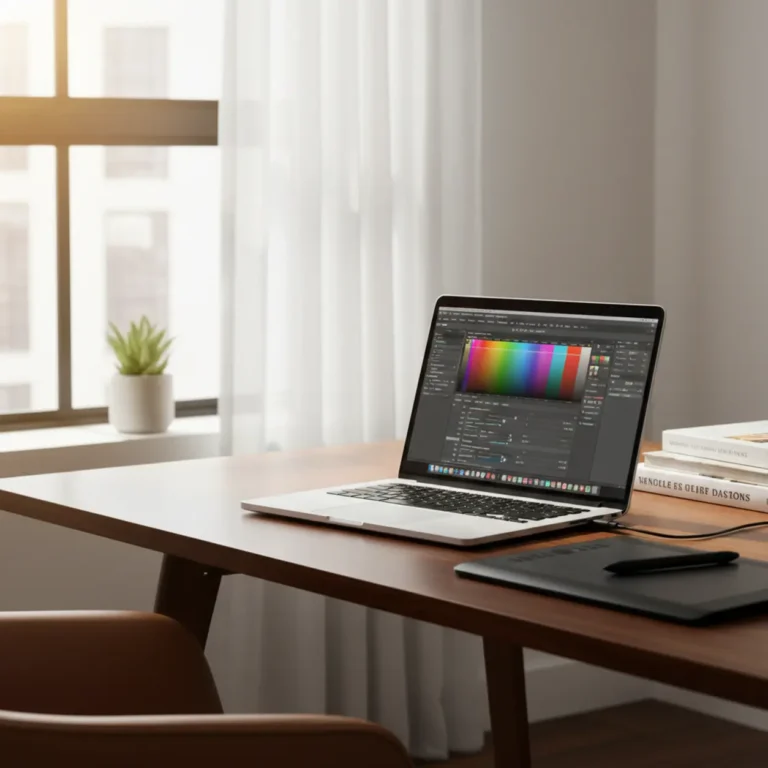 Een moderne en ergonomische thuiswerkplek met een van de beste laptops voor Photoshop en beeldbewerking.