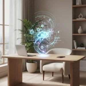 Een modern thuiskantoor met digitale elementen die slimme thuiswerk automatisering symboliseren.