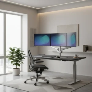 Een moderne thuiswerkplek met een elektrische monitorarm die meerdere zware schermen stabiel houdt op een zit-sta bureau.
