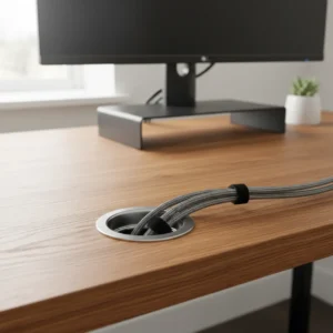 Een strak afgewerkte metalen kabeldoorvoer in een houten bureau waardoor snoeren netjes zijn weggewerkt.