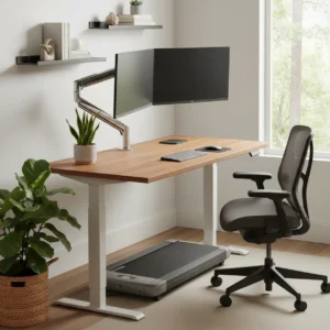 Een ergonomische thuiswerkplek met een zit-sta bureau en de Ergotron LX Sit-Stand monitorarm die op de ideale ooghoogte is afgesteld.
