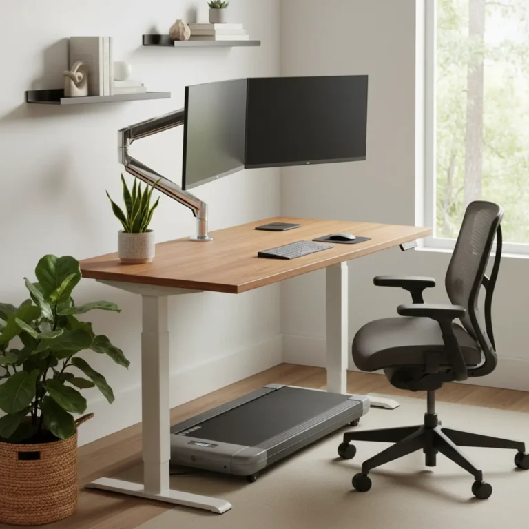 Een ergonomische thuiswerkplek met een zit-sta bureau en de Ergotron LX Sit-Stand monitorarm die op de ideale ooghoogte is afgesteld.