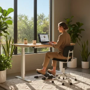 Een professional werkt geconcentreerd aan een laptop tijdens het fietsend werken op een bureaufiets in een modern thuiskantoor.