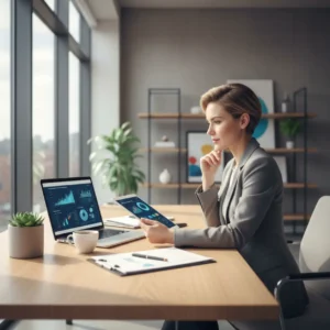 Een ondernemer bestudeert de financiële en fiscale plannen uit de Voorjaarsnota 2026 op een laptop.