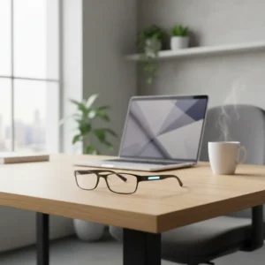 Een moderne bril op een opgeruimd bureau, ter illustratie van de nieuwe Samsung smart glasses voor de thuiswerkplek.