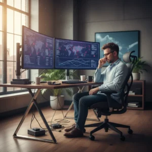 Een vermoeide IT professional met naderende burn-out klachten die achter meerdere beeldschermen thuiswerkt.