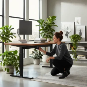 Een gefrustreerde thuiswerker met een kapot sta-bureau van een failliet merk in een modern thuiskantoor.