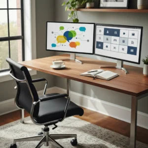 Een vergelijking tussen communicatie apps zoals Slack en Microsoft Teams in een moderne thuiswerkplek.