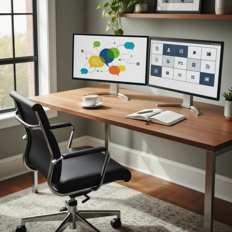 Een vergelijking tussen communicatie apps zoals Slack en Microsoft Teams in een moderne thuiswerkplek.