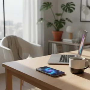 Een smartphone op een modern bureau illustreert de werking van Apple Intelligence notificaties tijdens het thuiswerken.
