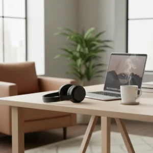 Een zwarte Sony WH-CH720N noise-cancelling koptelefoon op een modern bureau, ideaal voor geconcentreerd thuiswerken.
