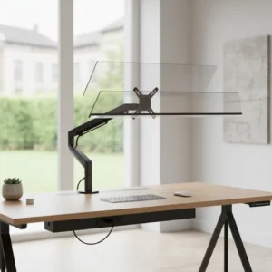 Een ergonomische thuiswerkplek met een modern beeldscherm op een zwevende monitorarm als alternatief voor de Fully Jax.