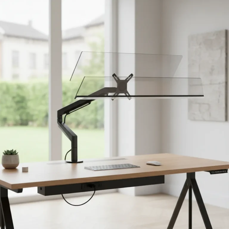 Een ergonomische thuiswerkplek met een modern beeldscherm op een zwevende monitorarm als alternatief voor de Fully Jax.