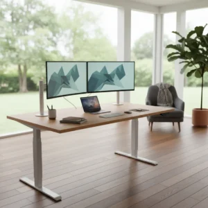 Een modern Effydesk executive l-vormig zit-sta bureau in een lichte thuiswerkplek met twee beeldschermen op het ruime werkblad.