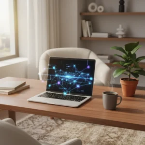 Een moderne laptop in een thuiskantoor die symbool staat voor het automatiseren van content met Jasper AI en Zapier.