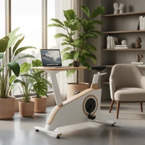 Een moderne thuiswerkplek met een Flexispot Deskcise Pro V9 bureaufiets voor actief werken.