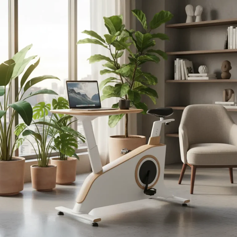 Een moderne thuiswerkplek met een Flexispot Deskcise Pro V9 bureaufiets voor actief werken.